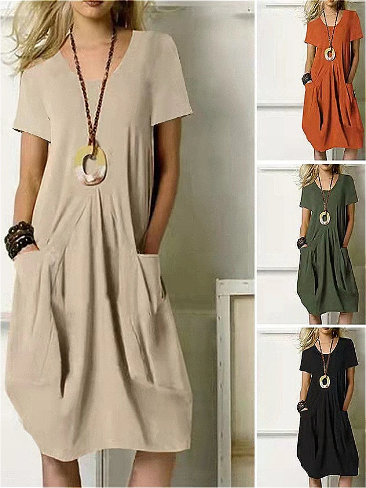 Neues Sommer-Modekleid Lässiges Loses Baumwoll-Leinen-Kleid mit Rundhalsausschnitt und Kurzen Ärmeln Elegantes Retro-Damenkleid