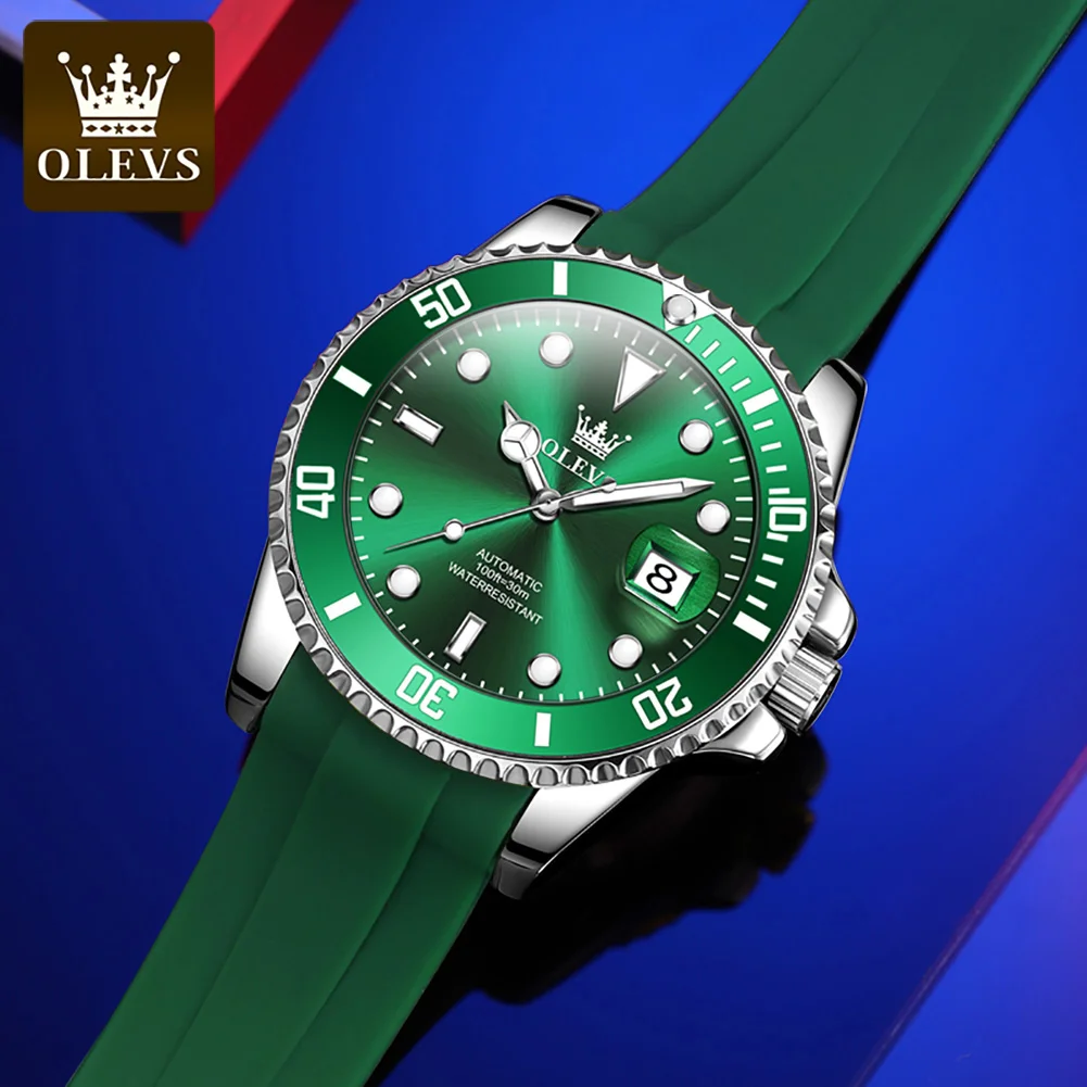 OLEVS 6650 Fashion Mechanical Watch Gift Silicone Watchband Round-dial Wristwatch Calendar Luminous Rotary Lap Waterproof Watch