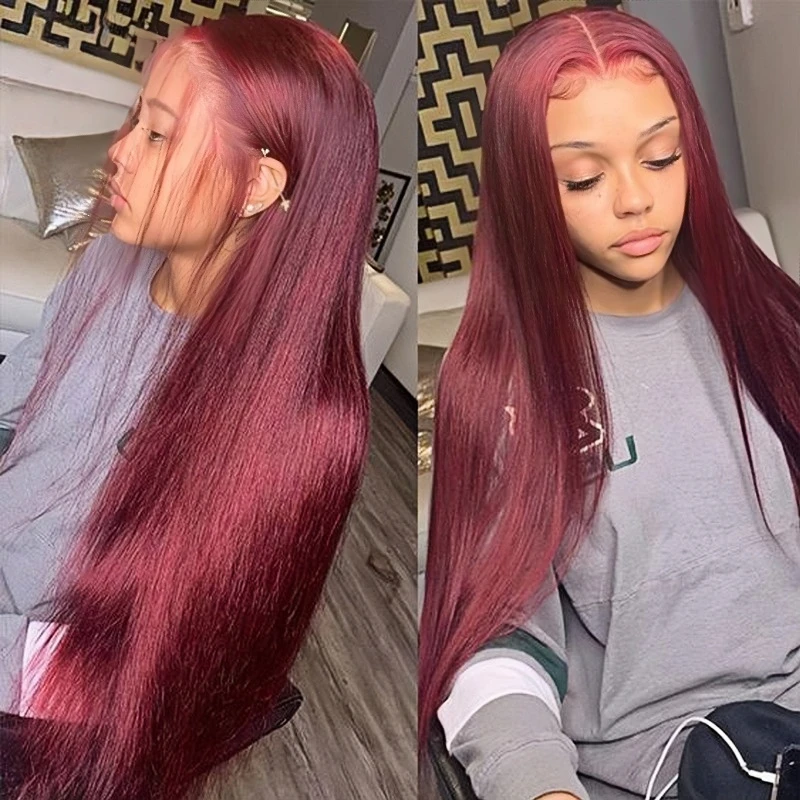 

99J бордовый красный прямой 13x6 HD кружевной фронтальный парик 100% человеческие волосы цветные парики для женщин распродажа