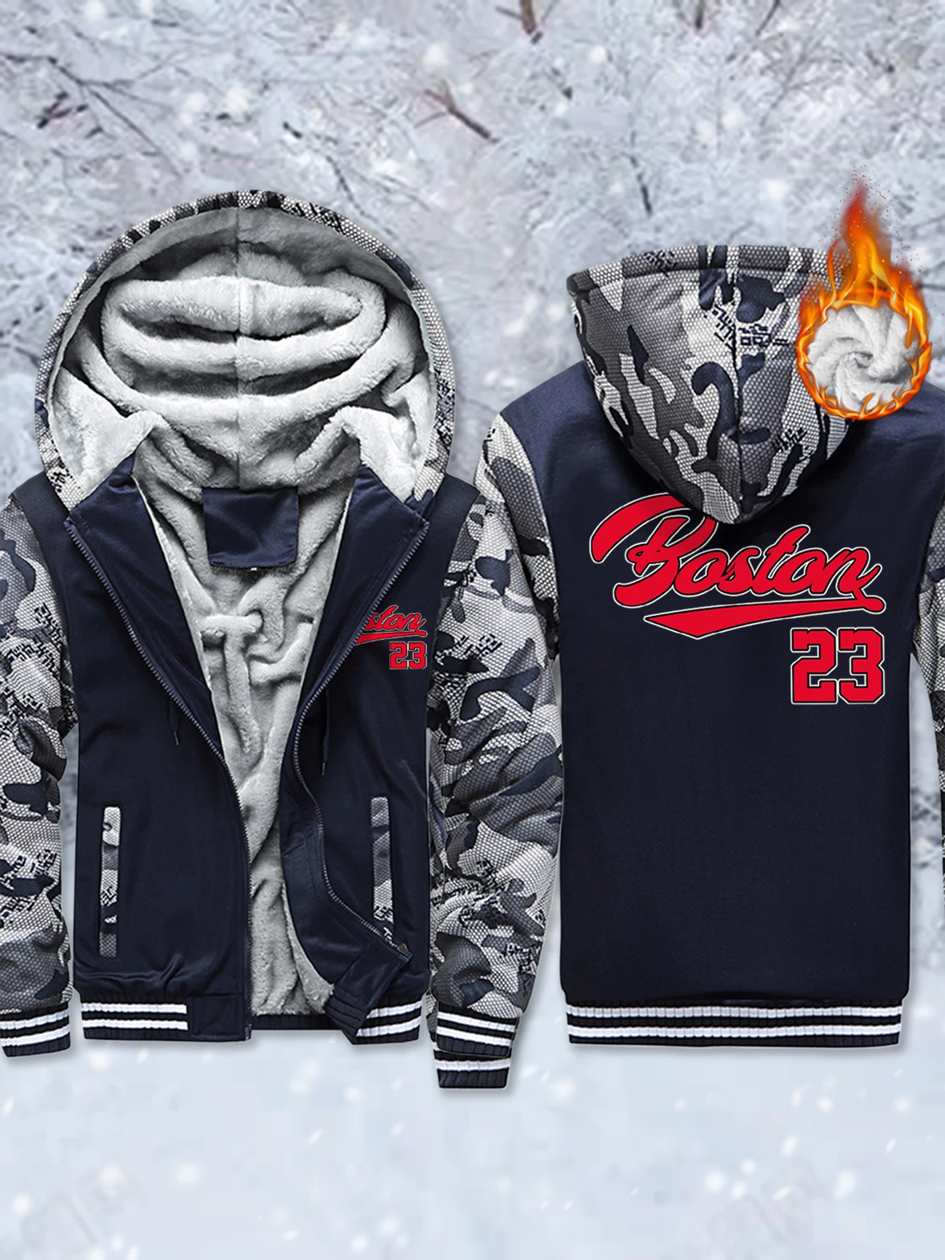 

Бостонский номер 23, флисовая удобная куртка с буквенным принтом, мужская утолщенная толстовка с карманами, зимняя верхняя одежда на молнии, теплое базовое пальто, уличный мягкий топ