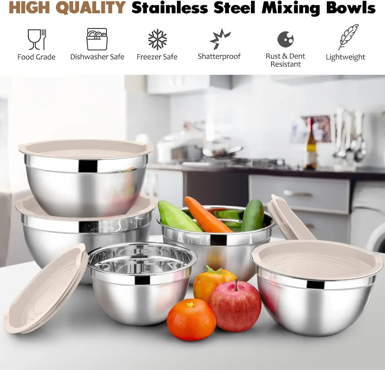 5PCS 14/16/18/22/26cm Mixing Bowls with Lids Stainless Steel Nesting Salad Bowl Refrigerator & Dishwasher Safe