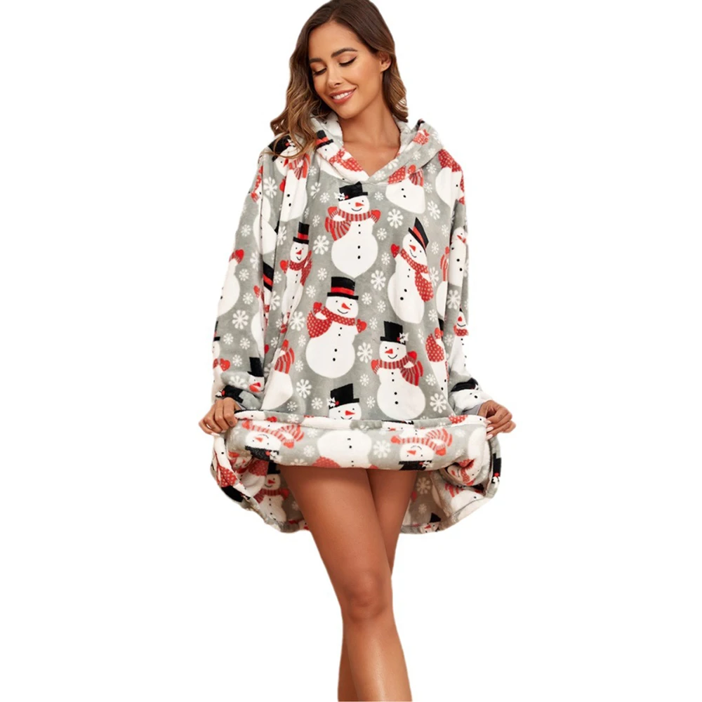 

Cozy Wearable Blanket Hoodie for Adults Women Sherpa Cartoon Snowman Oversized Fleece Sweatshirt Blanket with Pocket for Women