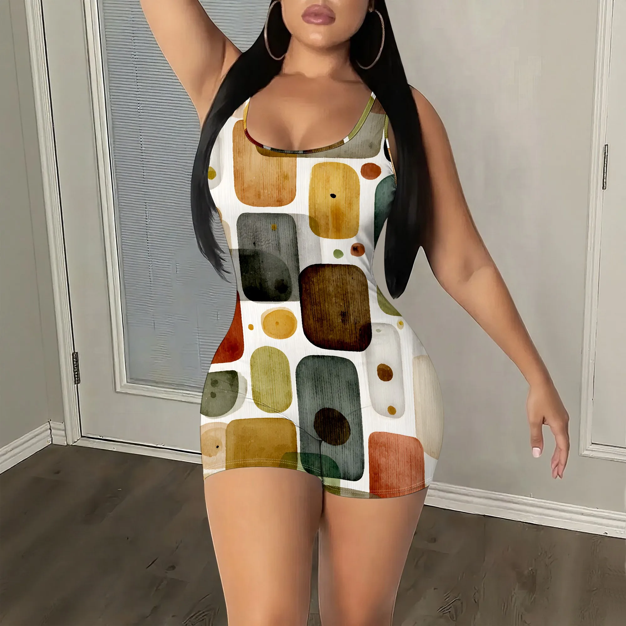 Abstract Art Sleeveless Romper, Retro Geometric Print Jumpsuit, Bodycon Playsuit for Women, Summer Beach Party Outfit, S-2XL