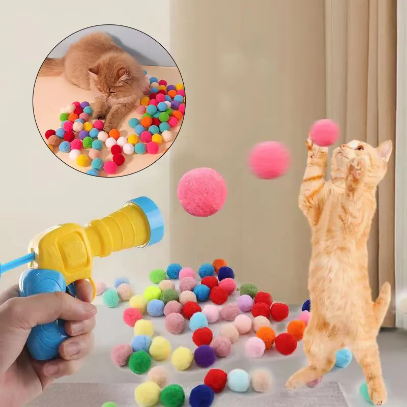 Cat Toys Interactive Launch Training Cat Toys Cat Supplies Creative Mini Pompoms Games Stretch Plush Ball Toys Pet Accessories