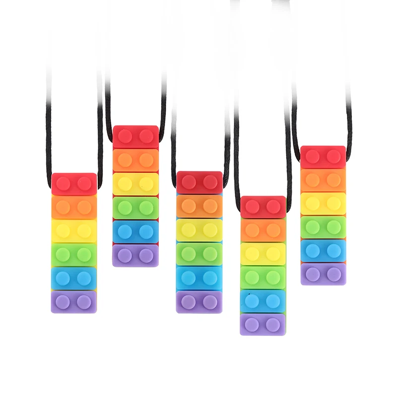 5PCS Rainbow Brick Chew Necklace Baby Silicone Teether Autism Sensory Chew Therapy Tools Kids Chewy Toys