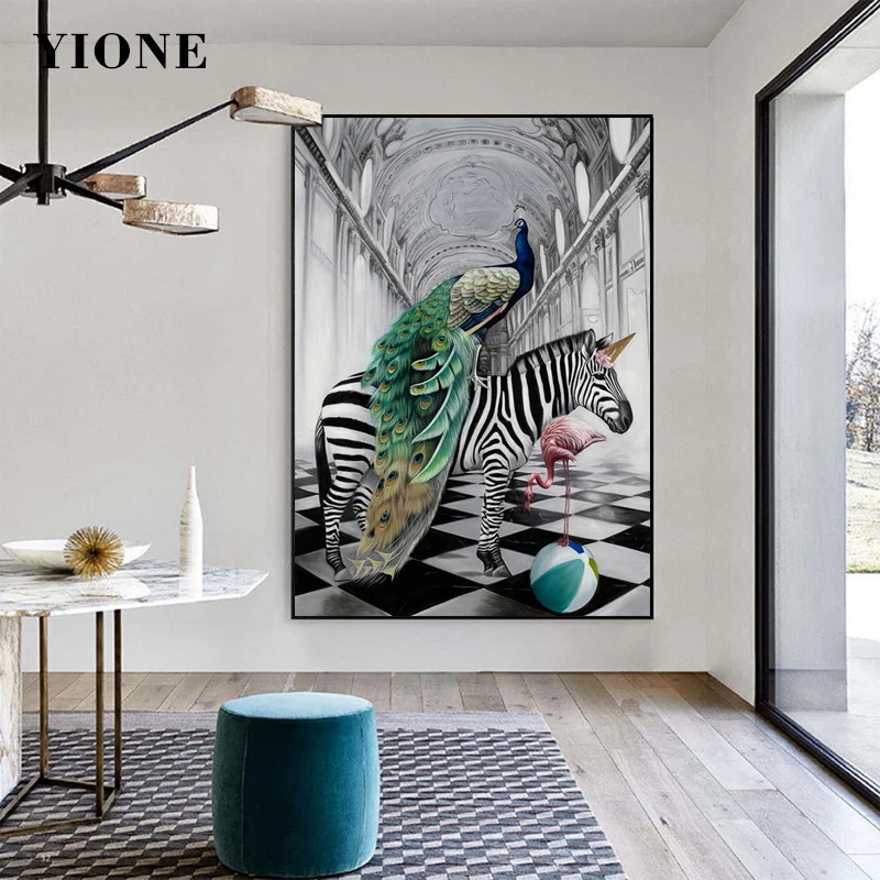 

Animal World Canvas Print Picture Peacock Zebra Elephant Adventure Wall Art Painting Abstract Poster for Living Room Home Decor