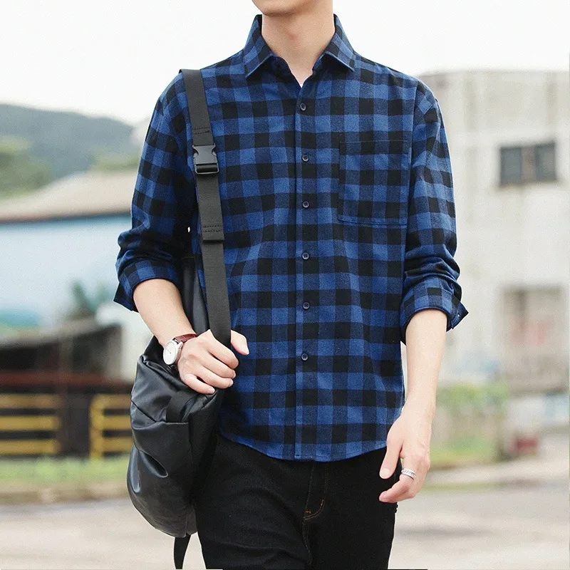 2025 Men Spring Autumn Fashion Long Sleeve Plaid Shirts Male Buttons Casual  linenLoose Blouses Mens Oversize Pocket Shirt P785