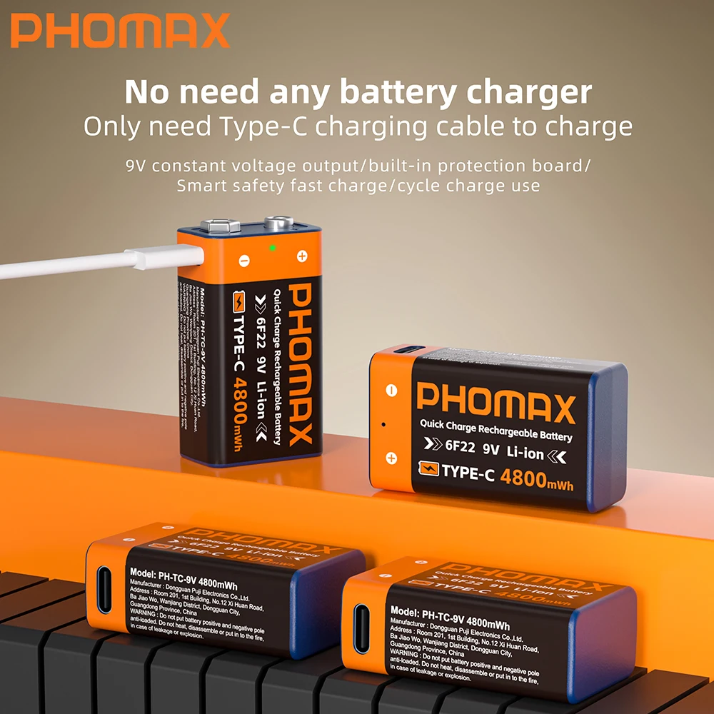 

PHOMAX USB 9V Rechargeable Battery 4800mWh Type-C Rechargeable 6F22 9V Li-ion Battery for RC Helicopeter Model Multimeter Toy