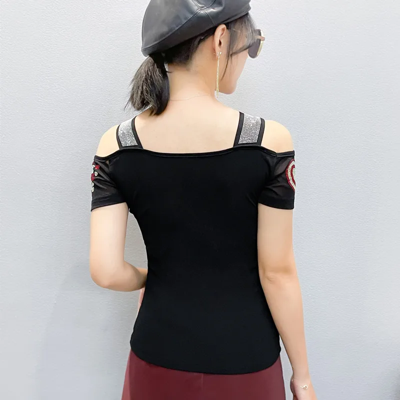 High Quality Women Short Sleeve Mesh Tees Clothes Luxury Love Heart Shiny Diamonds Summer T-Shirt Female Streetwear Fashion Tops