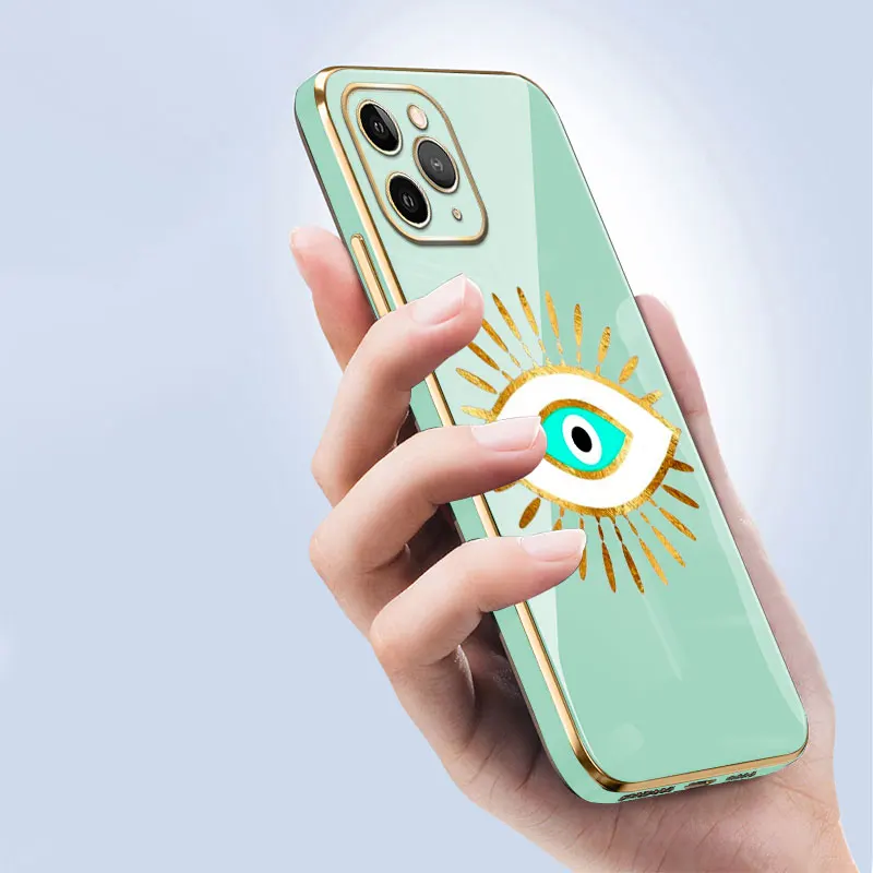 Luxury Soft Plating Phone Case For iPhone 14 13 12 11 Pro Max Mini X XR XS Max 7 8 6 6s Plus SE Golden Devil Eye Art