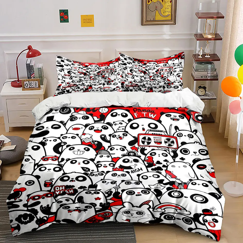 Cartoon panda group with red accents Printed Duvet Cover Set 1 Duvet Cover+2 Pillowcase Multi Size Bedroom Bedding Decor