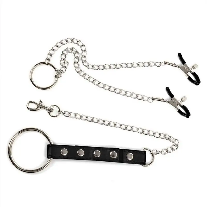 Sexy PU Leather Penis Cock Ring for Men with Nipple Clamp Breast Clip Chain Bondage Delayed Ejaculation Couple Sex Toys