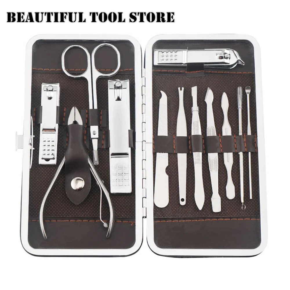 

12 Piece Manicure Profeesional Tool Pedicure Sets Steel Nail Clipper Trimming Scissor Cuticle Polished File Kit