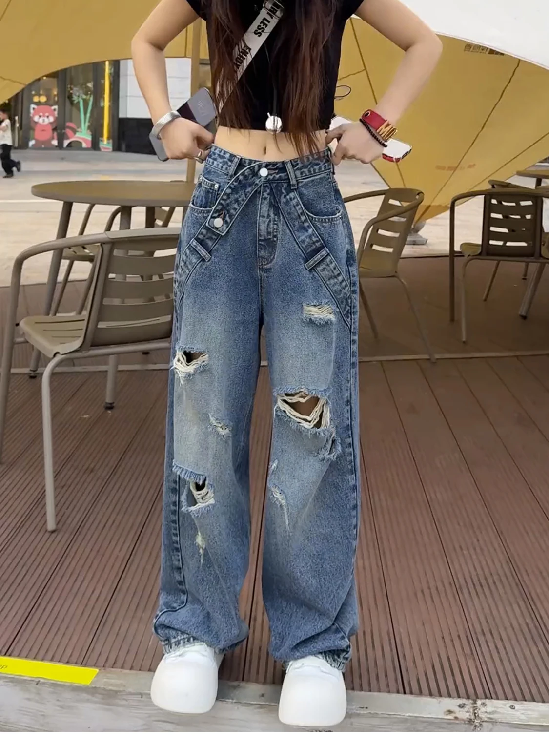 

Women's Blue Ripped Jeans Asymmetric Button Design Y2k Punk Hip-Hop 2000s American Street Casual Loose Straight Wide-Leg Pants