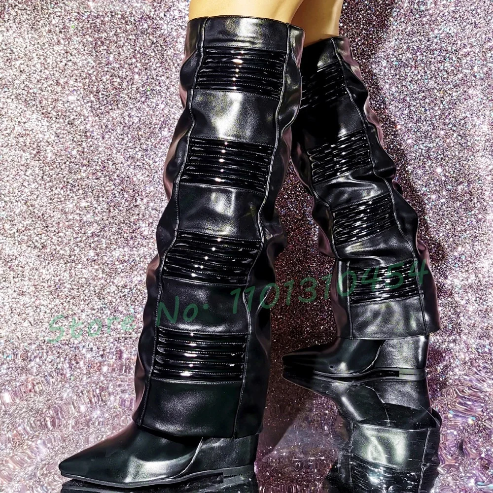 

Ribbed Patent Wedge High Boots Women Irregular Leather Back Zip Pointy Heeled Shoes Slouchy New In Luxury Big Size Biker Boots