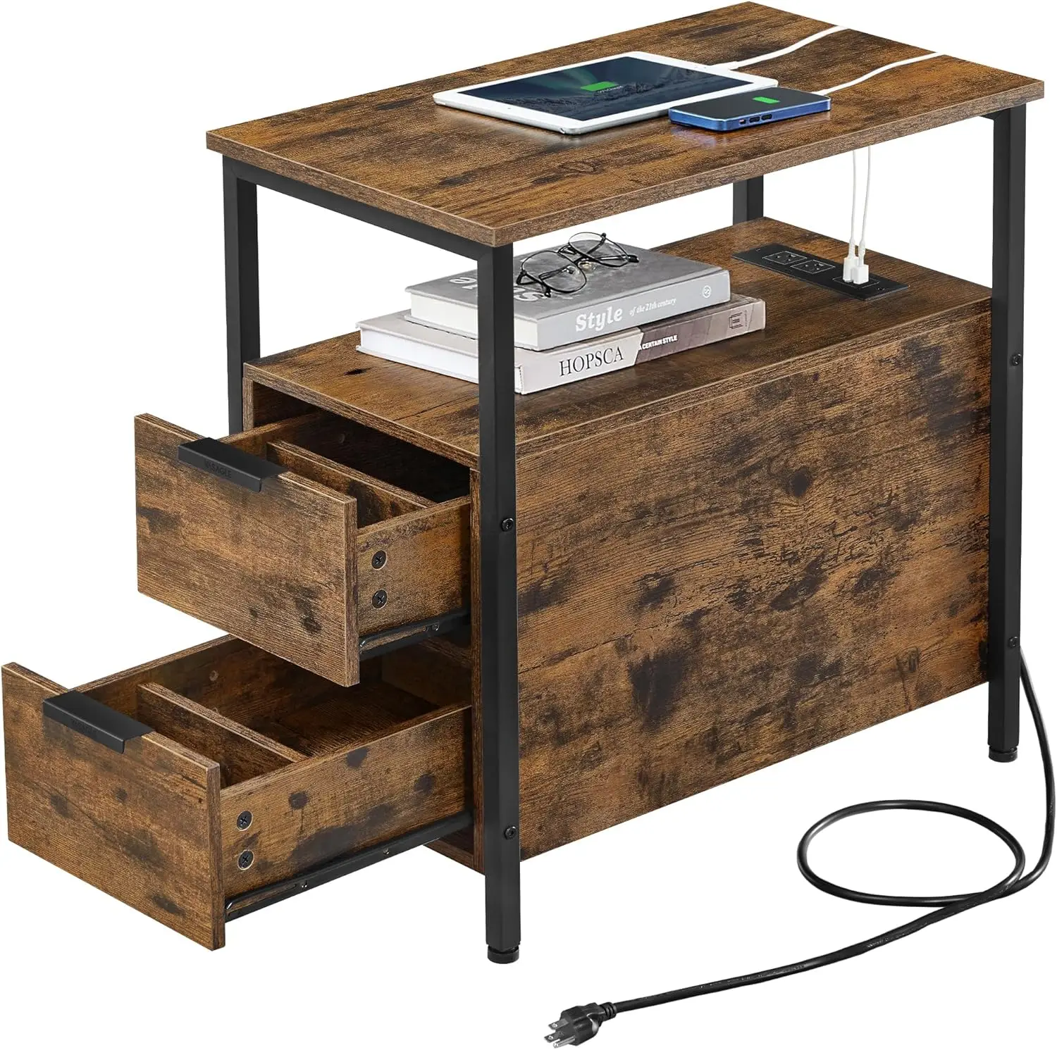 

Slim Nightstand with Charging Station, 2 Drawers & Shelves, Rustic Brown & Black for Small Spaces