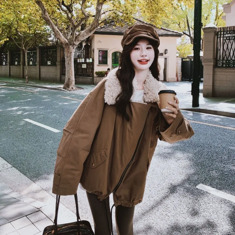 300-pound Oversized Women's American Retro Outcoat Lambskin Coat Korean-style Workwear Cotton-padded Jacket for Chubby Girls