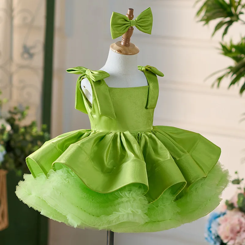 LJW Dress with off-shoulder green Bow  for Toddlers 2-13 year old Girls Birthday party Custom Carnival Ball Celebration dress