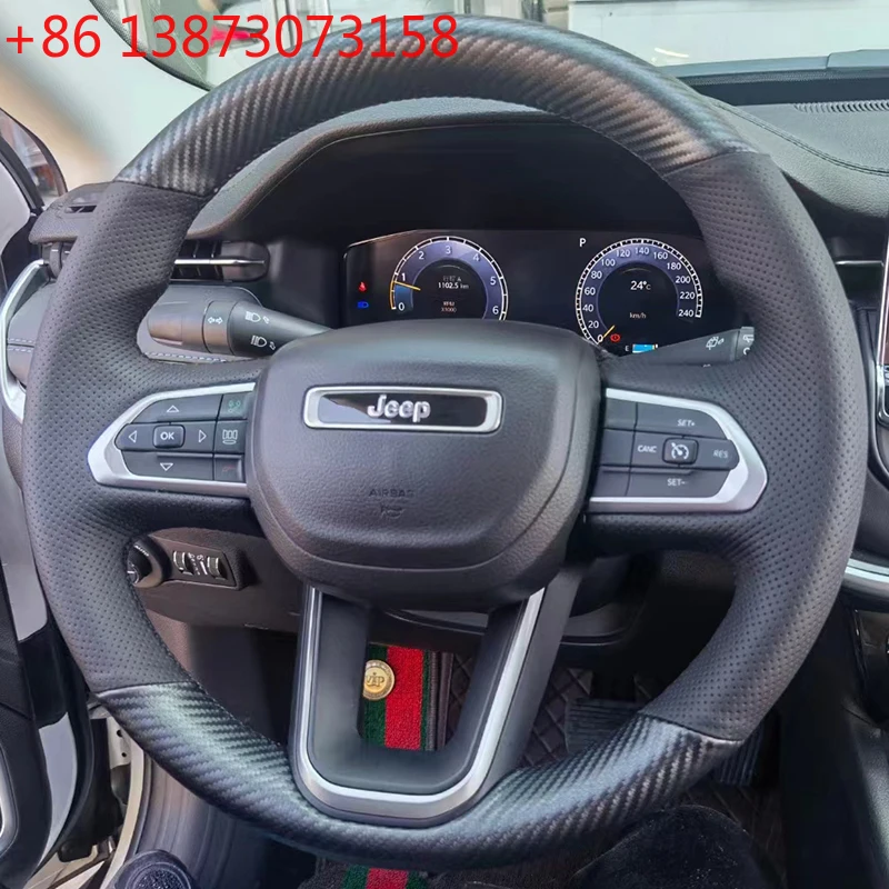 Custom Car Steering Wheel Cover for Jeep Compass 2021 2022 2023 2024 Hand-Stitch Leather&Carbon Fiber Interior Accessory