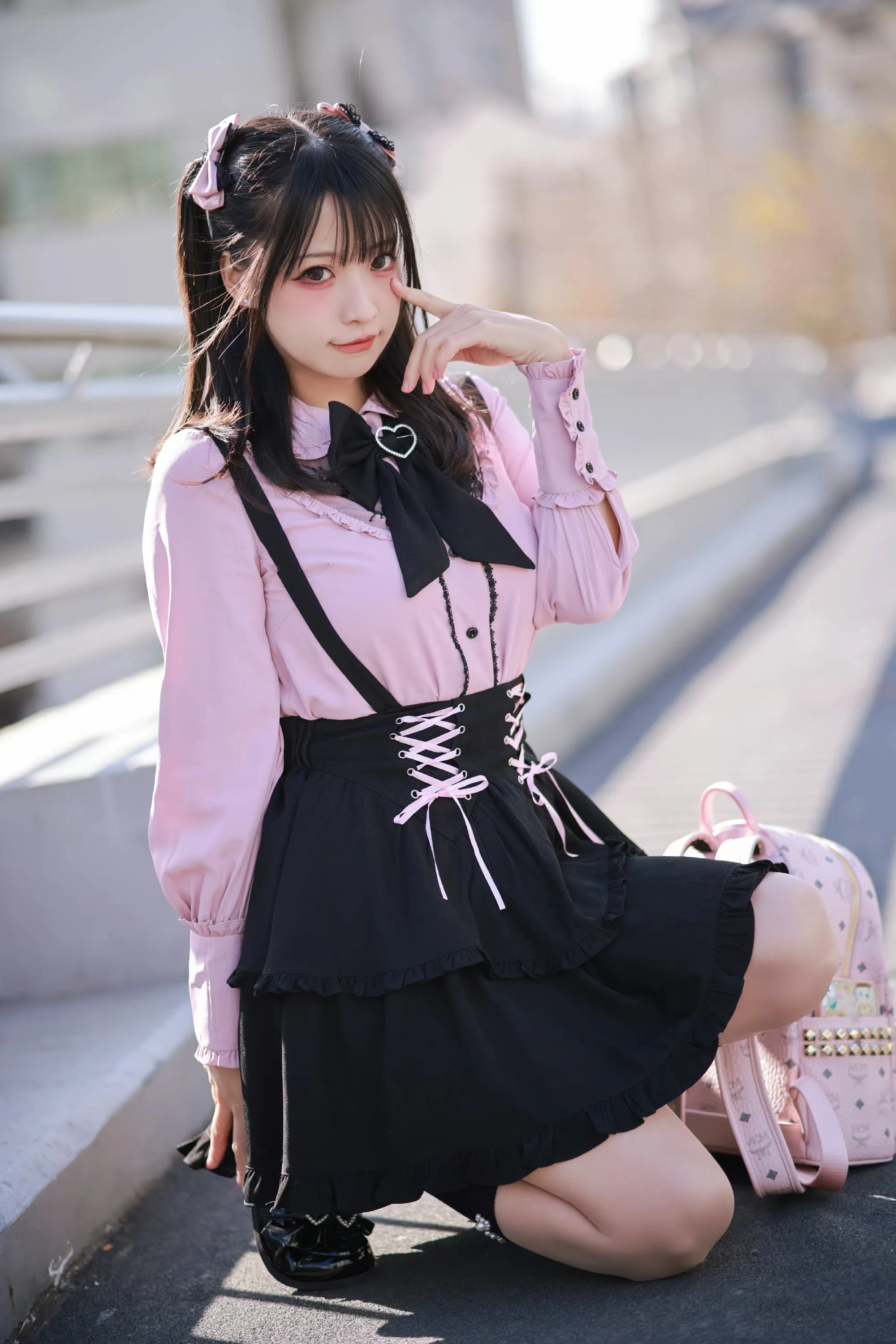 Japanese Harajuku Mine Sweet Lolita Lace Stitching Long-Sleeve Shirt High Waist Heart Buckle A-Line Skirt Two Piece Set Women