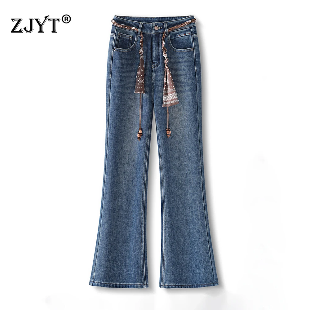 

ZJYT зимние утепленные джинсы для женщин, модные расклешенные джинсовые брюки в уличном стиле, синяя женская одежда, брюки, женские брюки, винтажные