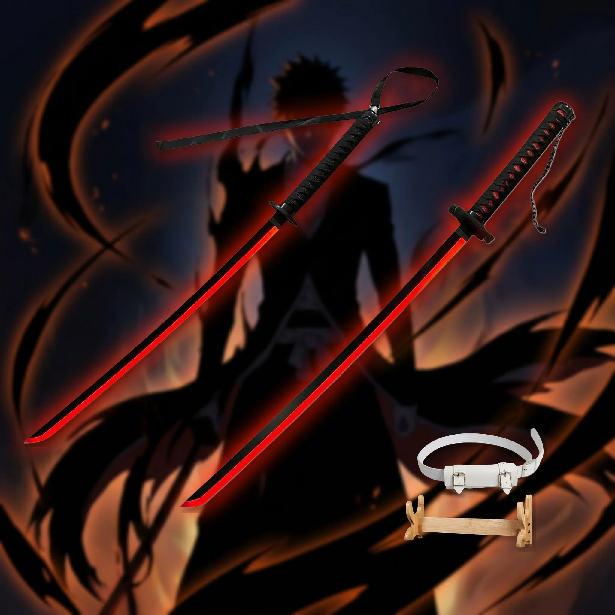 Espada Katana LED de Ichigo Bleach de 40 Pulgadas, Set de Espada y Cuchilla con Soporte y Cinturón, Cuchillo Ninja de Plástico, Accesorio de Cosplay para Exhibición y Fotografía