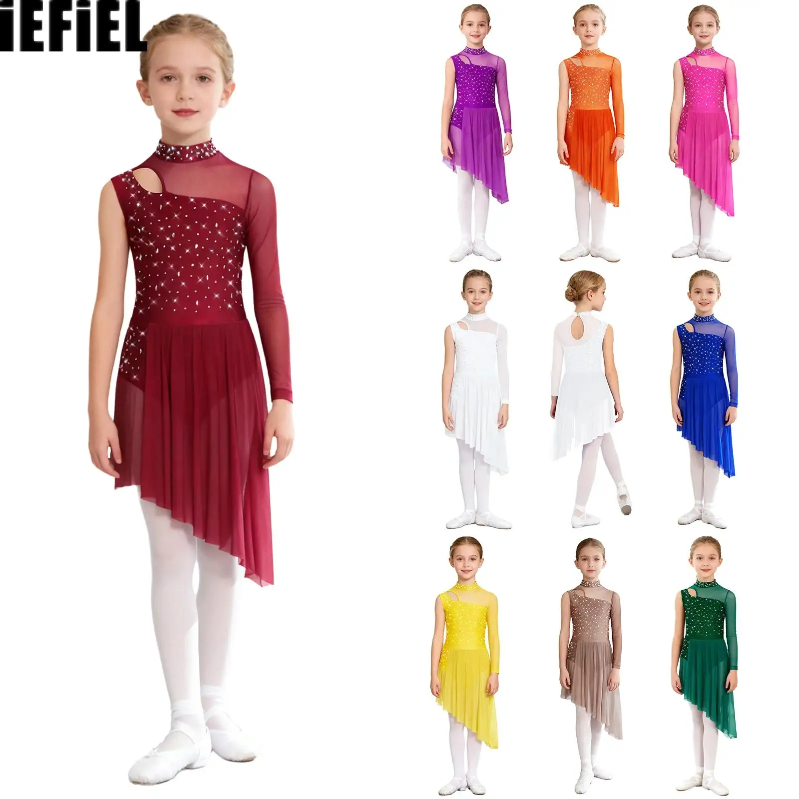 

Kids Girls Sheer Mesh Dance Dress Mock Neck Cutout Patchwork Shiny Rhinestones Asymmetrical Side Split Lyrical Dress