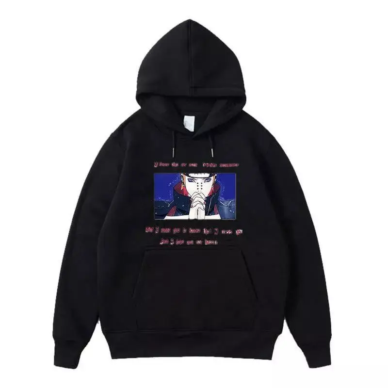

Black Anime Hoodie Queen Haaland Text with Hands Pose Character Blue Background Oversized Streetwear Kangaroo Pocket​​