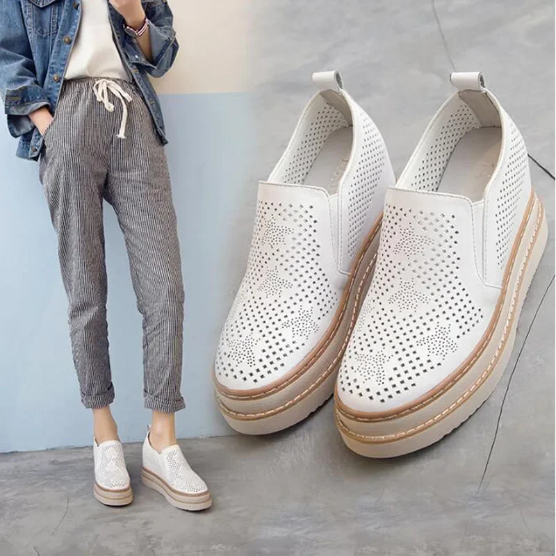 Arrival Women Creepers Casual Breathable Flat Platform Shoes Woman Summer Casual Genuine Leather Thick Sole Shoes 2021