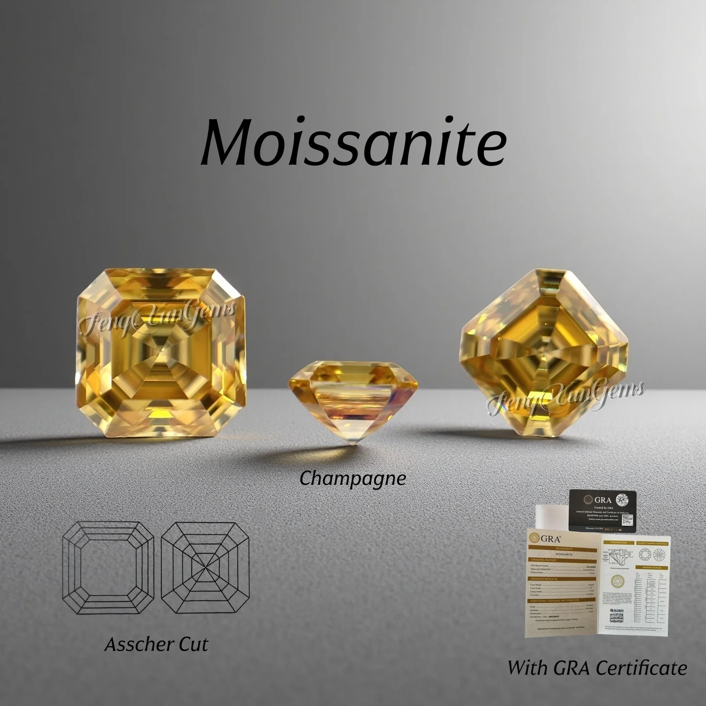 

Original Champagne Loose Moissanite Gems Excellent Cut 0.5~7ct Asscher Cut Clarity VVS1 for Diy Jewelry With GRA Certificate