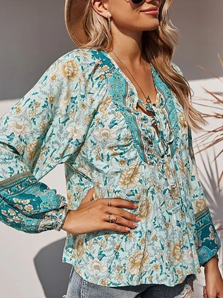 Top con maniche a lanterna vintage Abbigliamento femminile Camicetta con stampa bohémien Donna Lace Up Primavera Autunno Blusas Femme Camicie Novità
