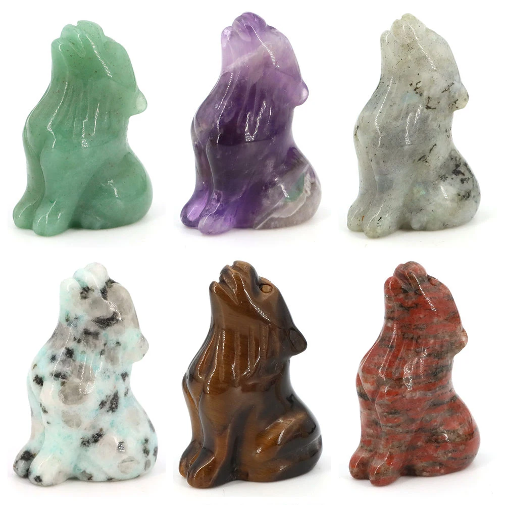 

Wolf Statue Healing Crystal Carved Natural Stone Quartz Labradorite Animal Figurine Craft Chakra Meditation Home Decoration Gift