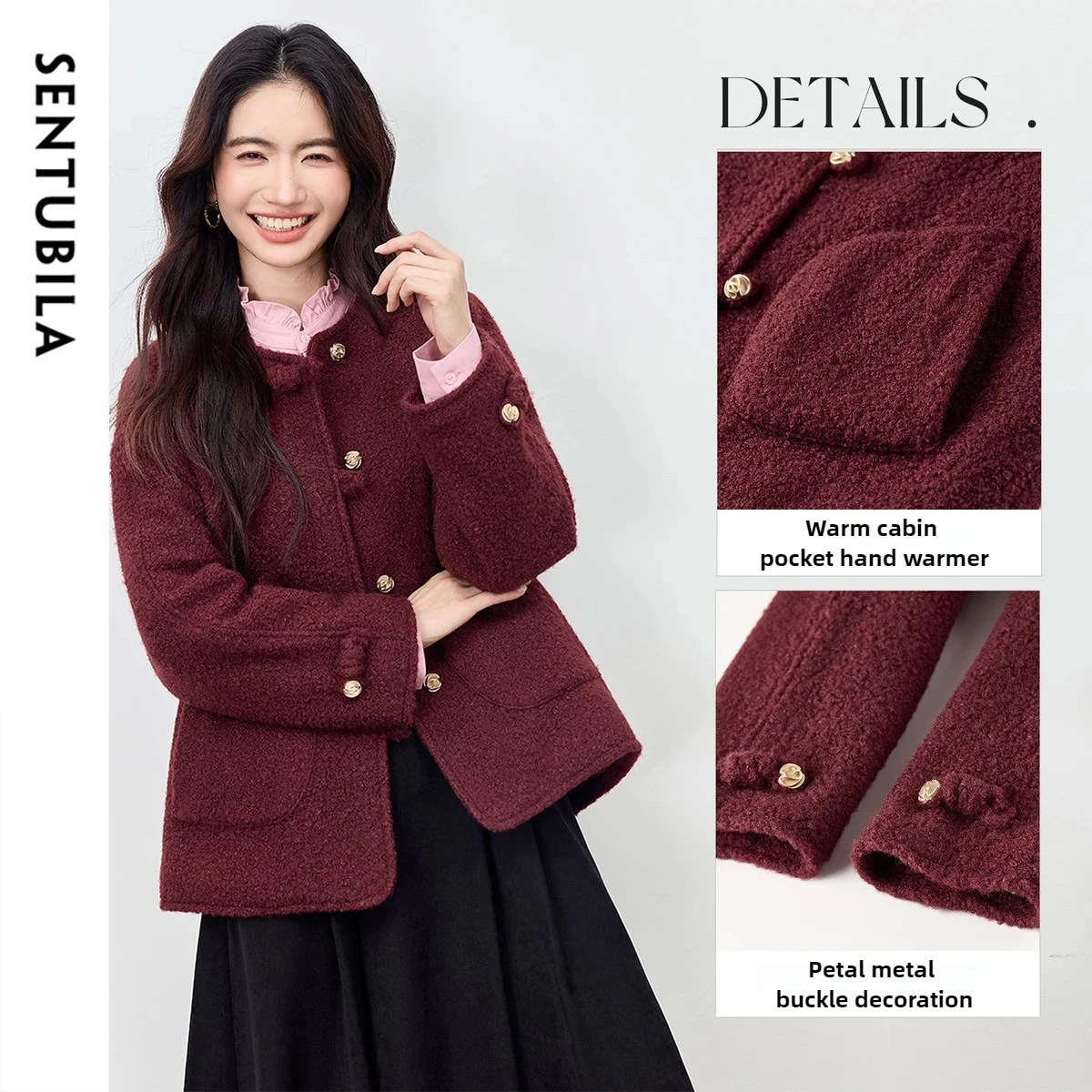 SENTUBILA manteau matelassé femme 2025 hiver col rond bouton en métal en forme de fleur coupe ample décontracté chaleur vêtements d'extérieur 154WJ4029