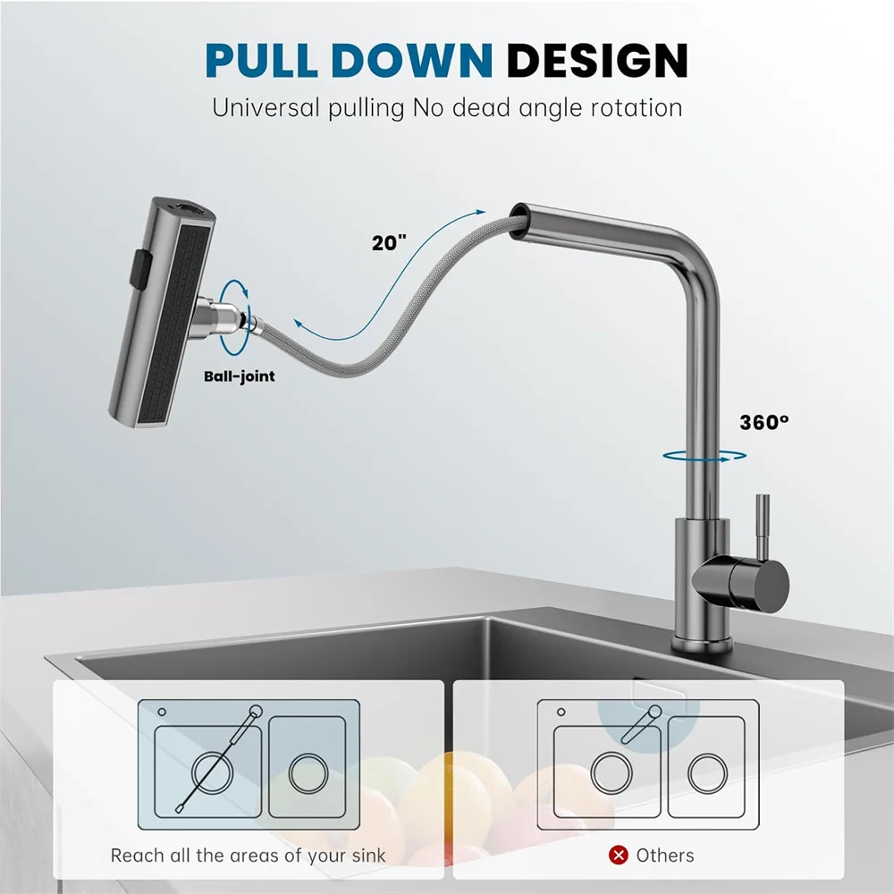 ก๊อกน้ํา 304 สแตนเลสสตีลเดี่ยวจับดึงหมุนน้ําตก Stream Sprayer Countertop Mount ห้องครัวห้องน้ํา
