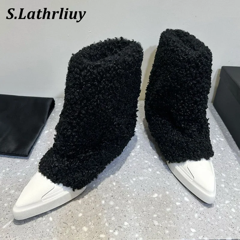 

Autumn Winter Pointed Toe Warm Fur Snow Botas Women Thick Bottom Solid Color Fashion Short Boots Wool Lining Casual Ankle Boots