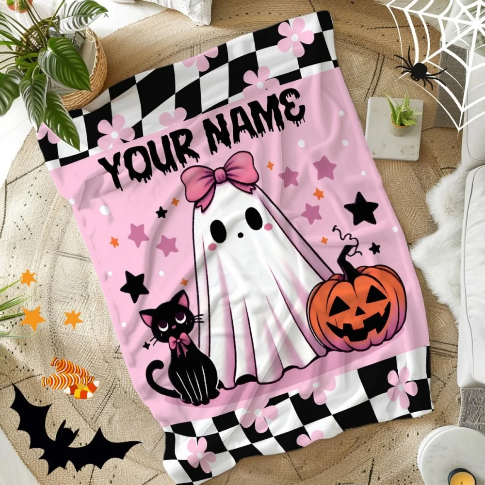 1Pc Custom Name/Text Halloween Pumpkin Ghost Design Flannel Blanket,Soft and Comfortable,Suitable for Office,Home,Unique Present