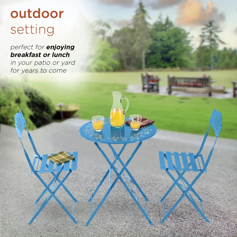 Corporation 3-Piece Metal Floral Patio Bistro Set with Table and 2 Chairs, Blue patio furniture set outdoor