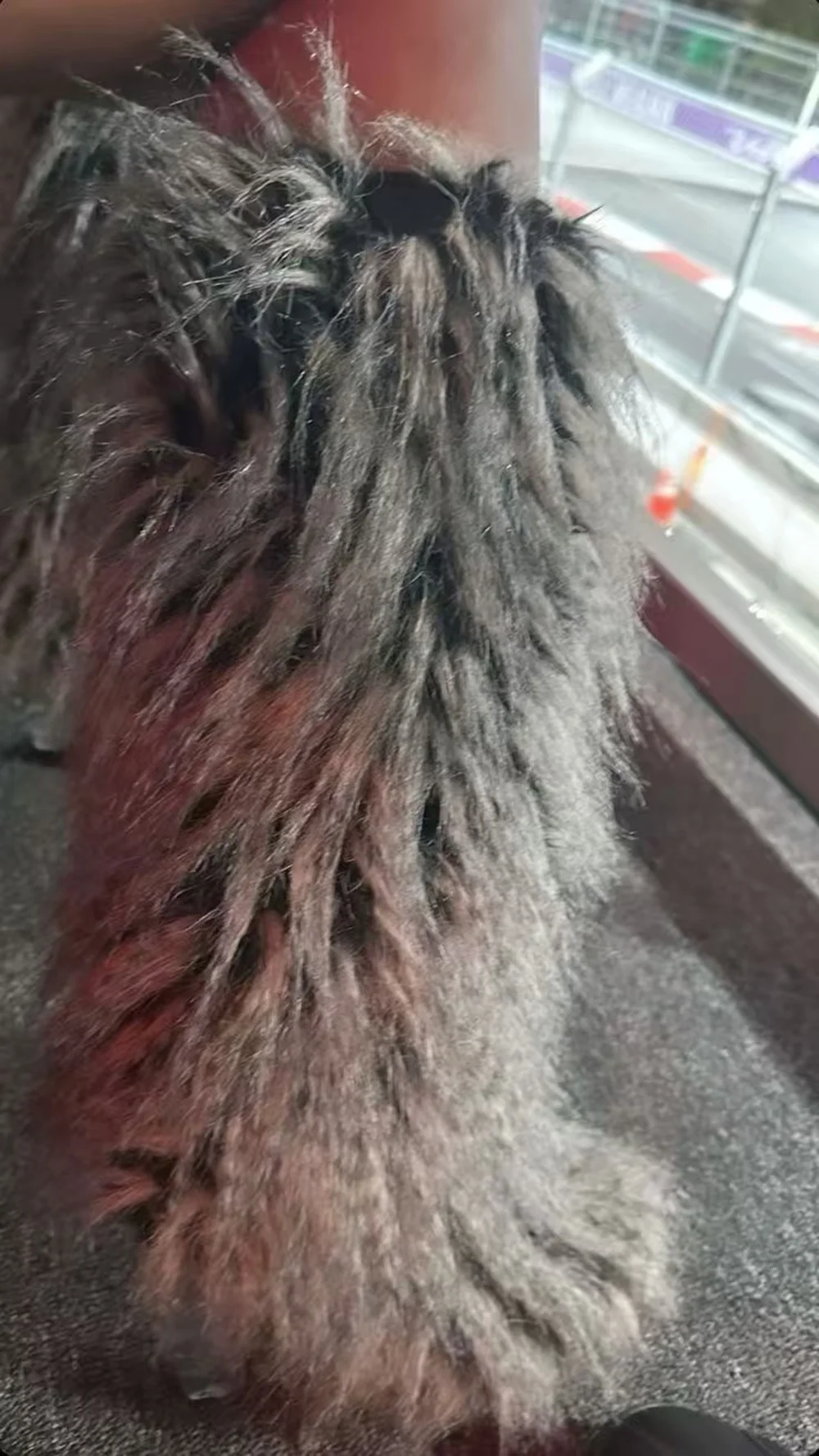 

Grey Gradient Faux Fur Over-the-Knee Boots Black Leather Shoe Opening Unique Transparent Heel design Winter Winter Lady Looks