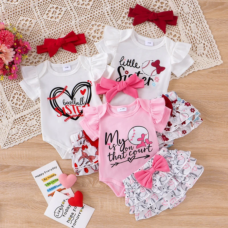 2024-05-20 Lioraitiin Baby Girl Baseball Outfits, Letter Print Short Sleeve Romper Layered Ruffle Shorts Bow Headband for Summer