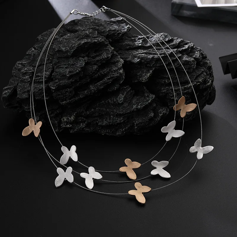 

New model necklace for women three-layer butterfly metal brushed fashion versatile short wire rope clavicle necklace