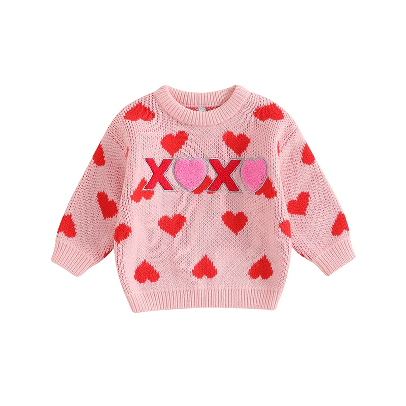 Baby Girl Valentine's Day Sweater Heart Letter Embroidery Long Sleeve Crew Neck Knitwear Pullover