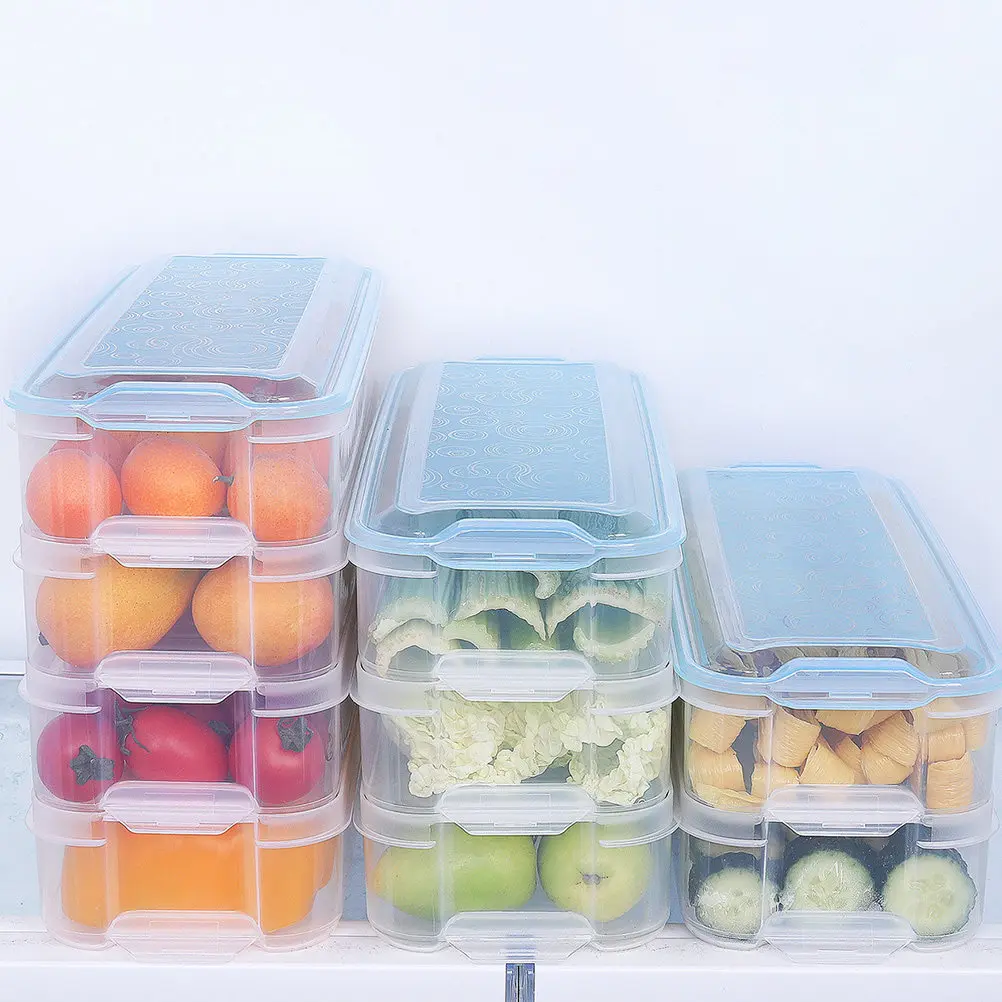 Plastic Multi-Layer Crisper Rectangular Food Container Kitchen Storage Box Random Color 3 Box 1 Lid Stackable Refrigerator