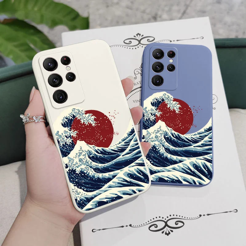 Red Sun Sea Waves Phone Case For Samsung Galaxy S25FE  S24 S23 S22 S21 S20 Ultra Plus FE S10 S9  Note 20 ultra 10 9 Plus Cover