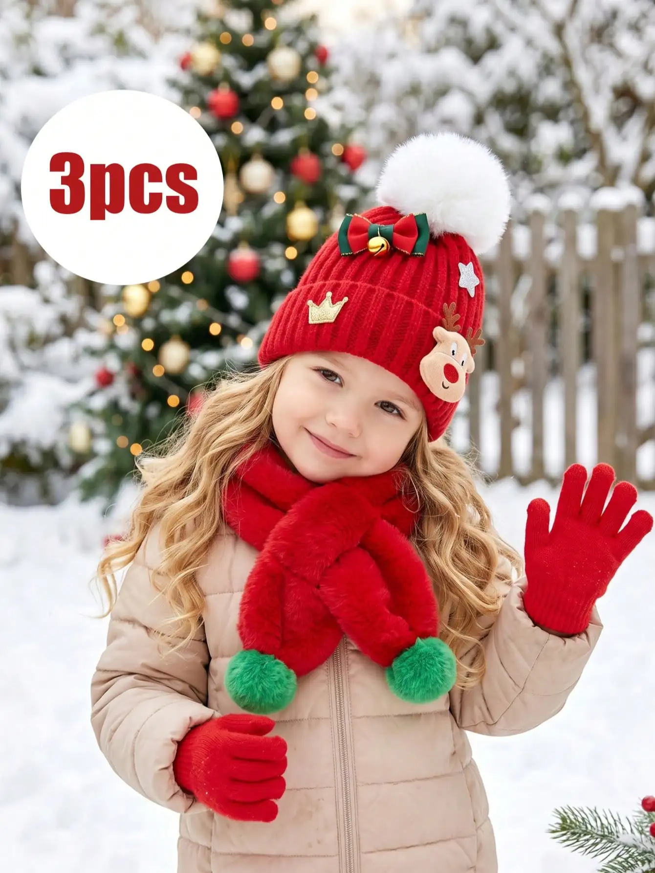 3pcs 2-6Y Kids Girls Cute Knitted Set, Bright Red Antler Decor, Hat Scarf Gloves 3 Pieces Kit, Great Gift For Holiday Occasions