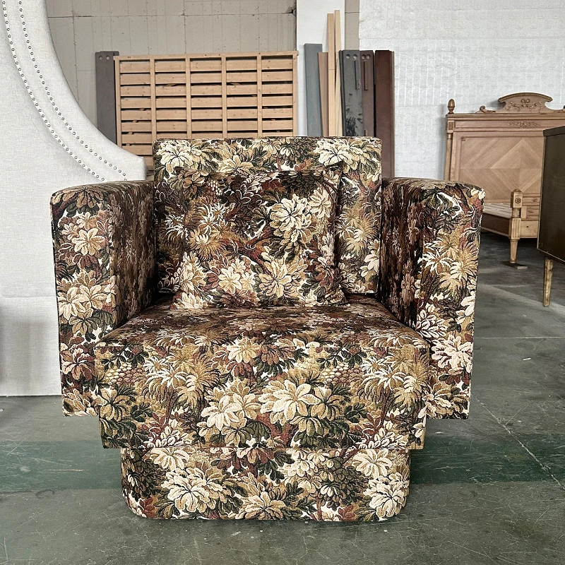 

American retro solid wood sofa chair household balcony leisure single chair French pastoral designer printed chair