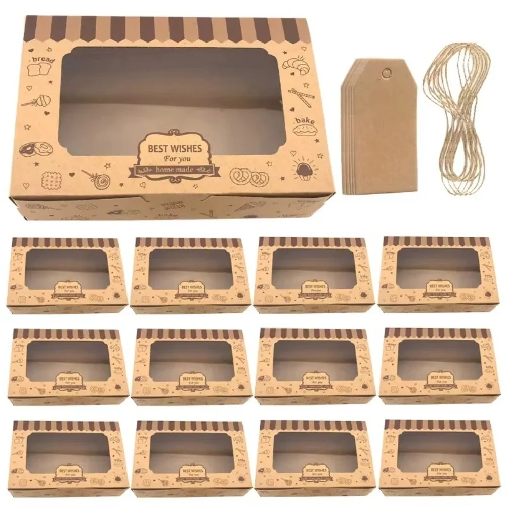 12pcs Kraft Paper Dessert Cake Bakery Box Transparent Window with Rolls Rope and Stickers Pastry Treat Boxes