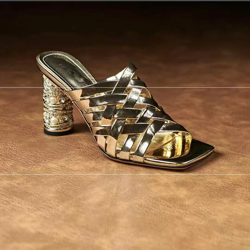 

Women's new summer leather woven cowhide pearl gold-plated high heels with exposed toes fashion star style slippers
