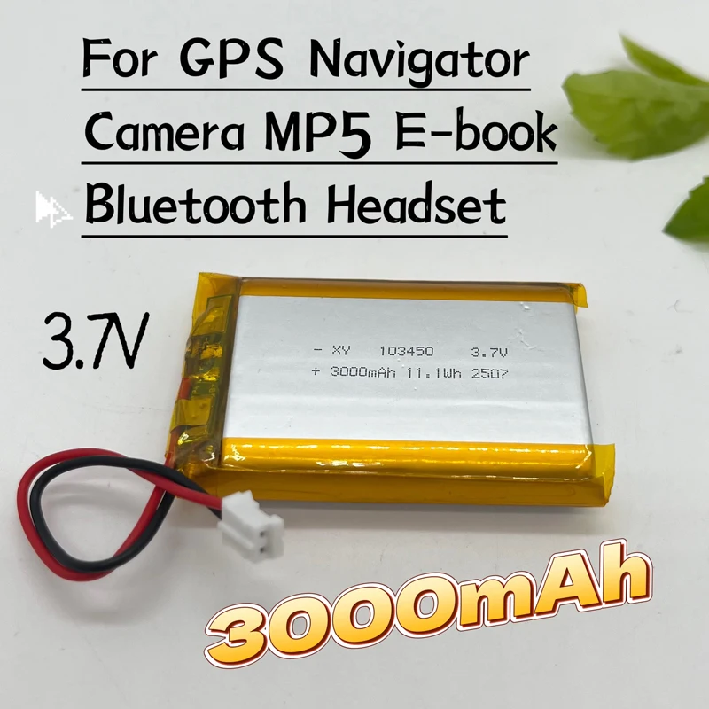 103450 3.7v 3000/4000mah bateria recarregável de polímero de lítio de alta capacidade 2.0mm conector de 2 pinos para câmera gps mp5 fone de ouvido bluetooth