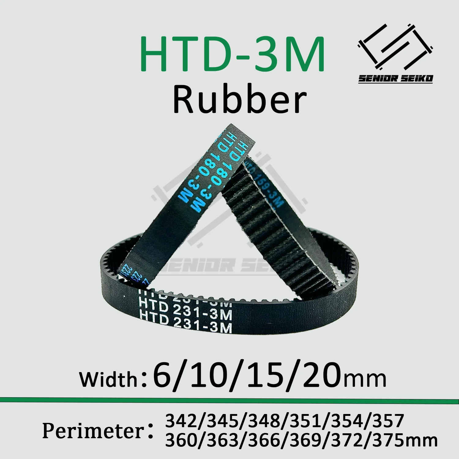 3M HTD Timing Belt Length 342/345/348/351/354/357/360/363/366/369/372/375mm Width 6/10/15/20mm HTD3M Closed Synchronous Belts