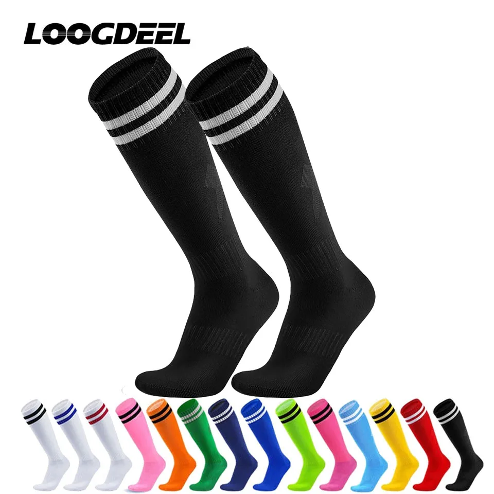 Loogdeel 1 Pair Kids Adults Soccer Socks Striped Knee High Tube Socks Football Uniform Sports Socks for Boys Girls Men Women